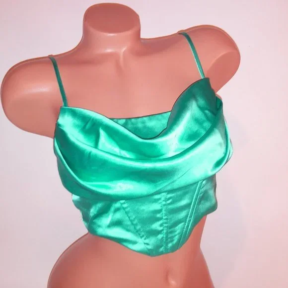 Princess Polly Crop Top Size 4 Teal Satin Draped Neck Solid Zip Up Back Preowned - Picture 3 of 8